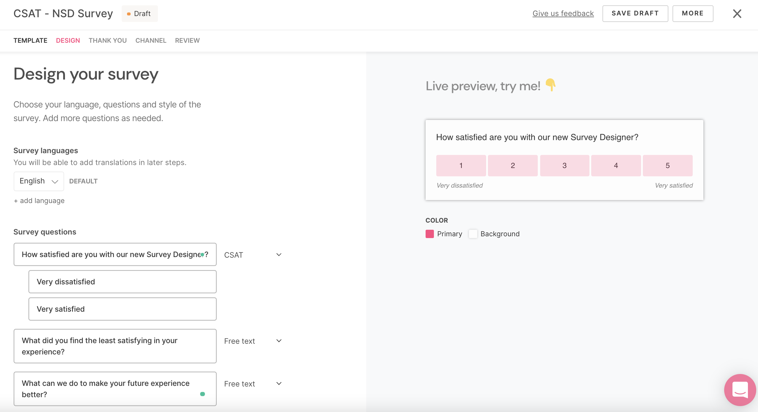 SatisMeter New Survey Designer - Edit your survey questions