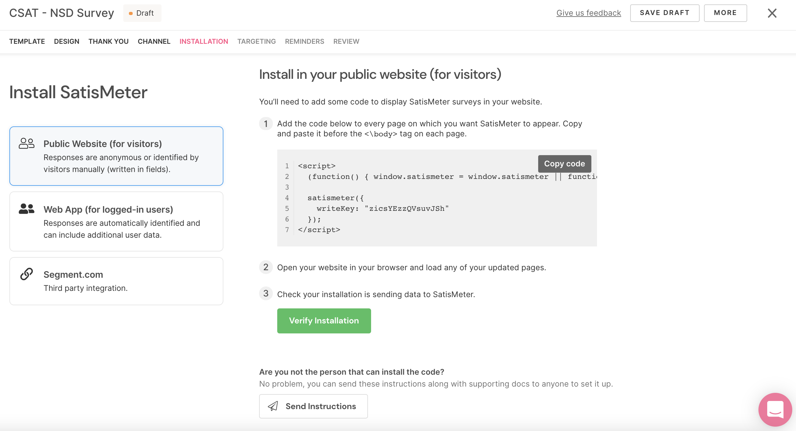 SatisMeter New Survey Designer - Set up web survey