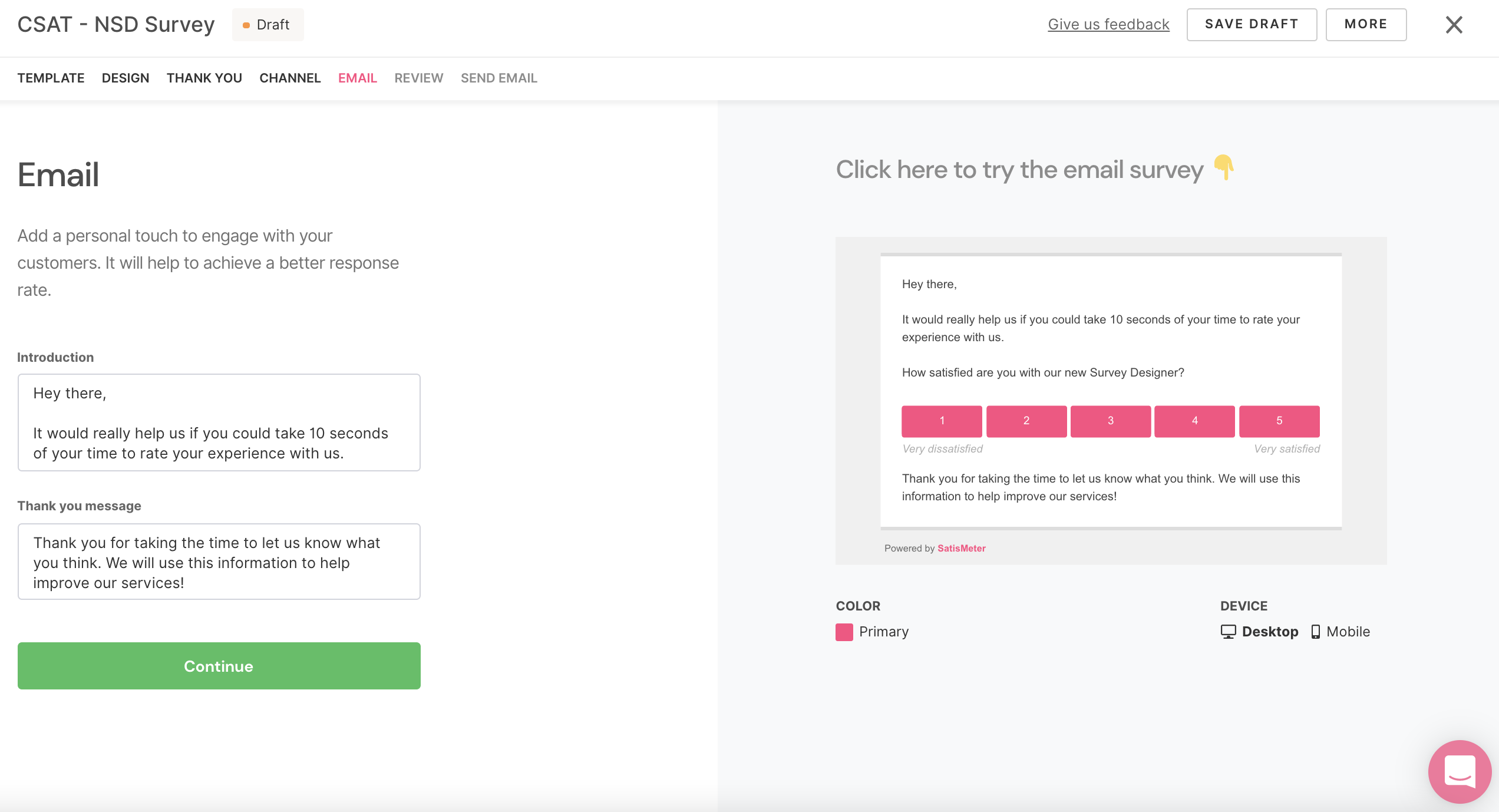 SatisMeter New Survey Designer - Email survey set up