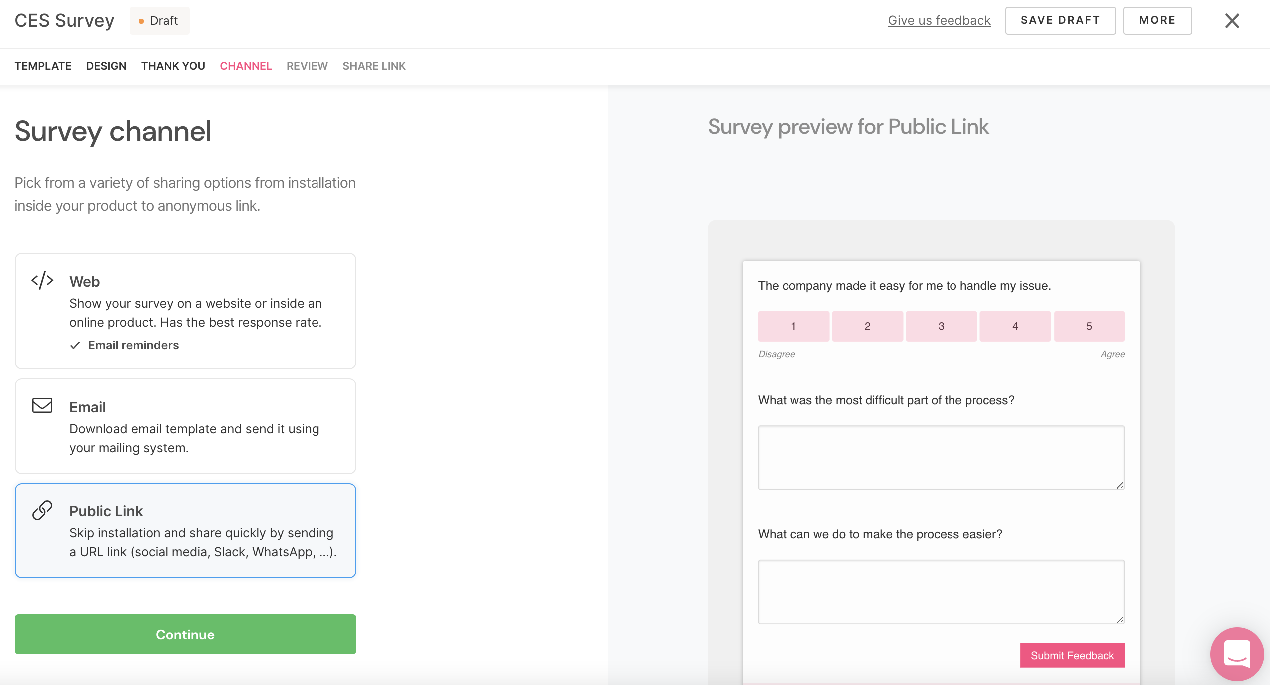 SatisMeter New Survey Designer - Choice of the distribution channel