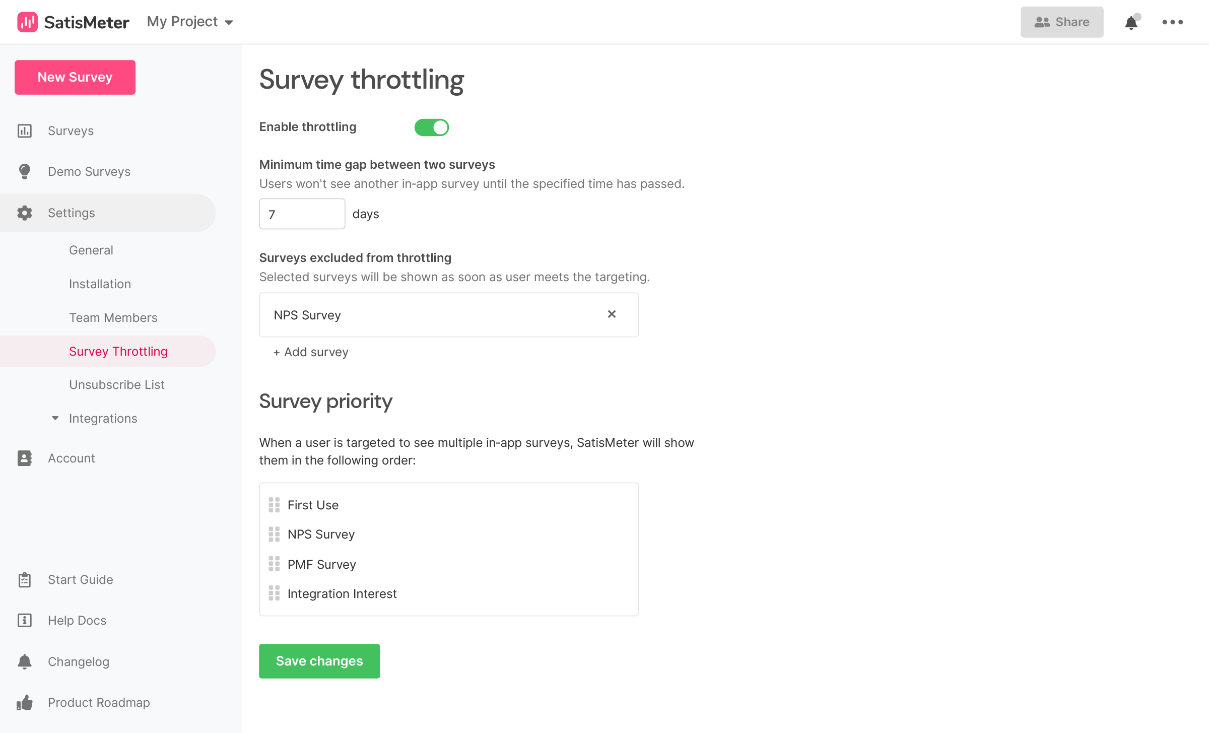 SatisMeter Throttling Screen